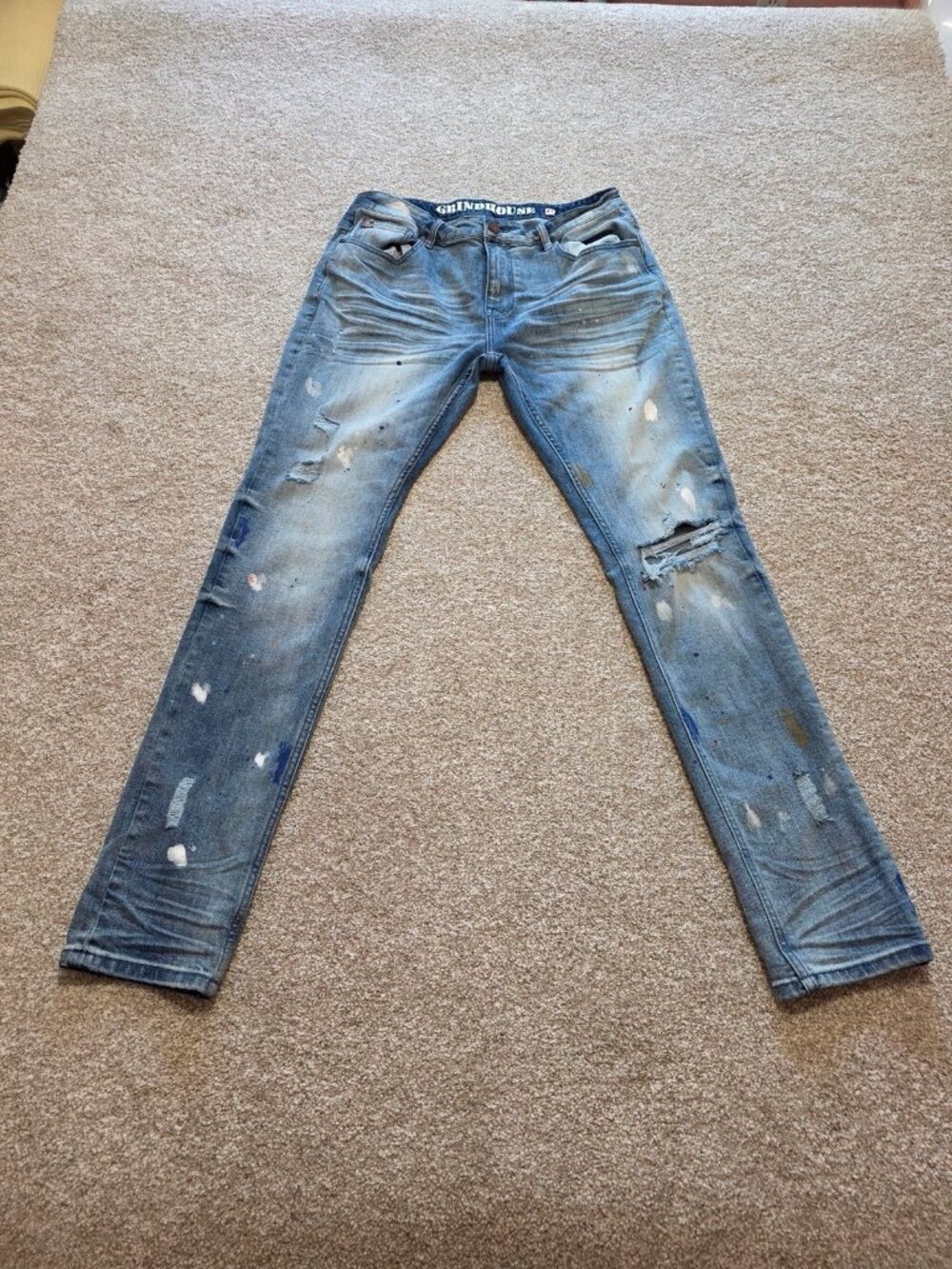 Grindhouse Denim Men’s Distressed Light Wash Paint Splatter Jeans Size 34X33